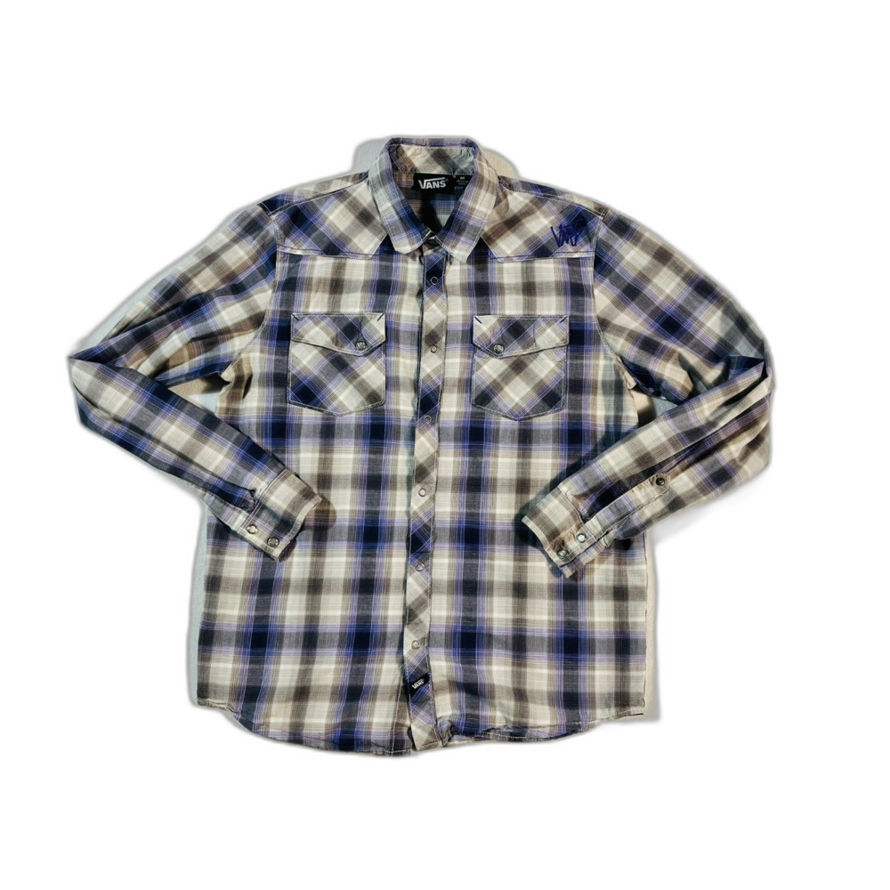 VANS Purple White Checkered Button Down Pearl Snap Western Shirt M Skater
